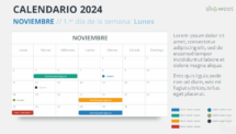 Diseño del calendario mensual 2024 para Noviembre, comienza en lunes