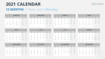 Calendar 2021 for PowerPoint - 12 Months (Year) Week Starts Monday - Option 6