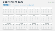 Mise en page du calendrier de l'année complète 2024 avec début lundi - Diapo 7