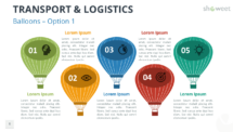 Hot air balloon graphics from the Transport & Logistics template, each balloon represents a different category with colorful icons and numbers.