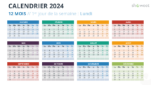 Mise en page du calendrier de l'année complète 2024 avec début lundi - Diapo 3