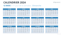 Mise en page du calendrier de l'année complète 2024 avec début dimanche - Diapo 1