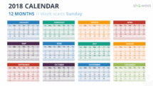 Example of PowerPoint slide with 12 months (Year) Free Calendar 2018 PowerPoint Template - 12 Months - Week Starts Sunday - Colors