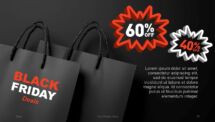 Shopping bag and discount icon slide in Black Friday PowerPoint template.