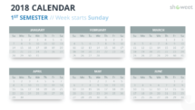 Example of PowerPoint slide with 6 months (Semester) Free Calendar 2018 PowerPoint Template - 1st (First) Semester - Week Starts Sunday