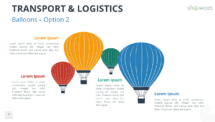 Alternative design of hot air balloons with text blocks below, visualizing different steps or processes for transport-related presentations.