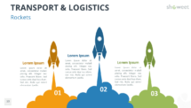 Three colorful rockets taking off, with text blocks describing phases or elements of a transport or logistics process, in the PowerPoint template.