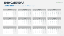 Calendar 2020 PowerPoint Template - 12 Months Week Starts Monday (Gray)