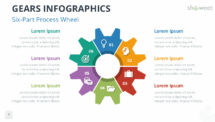 Six-part circular gear diagram illustrating a process cycle for business or project presentations in PowerPoint and Google Slides.
