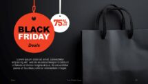 Slide with 75% off ornament for Black Friday promotions in PowerPoint template.