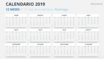 Calendario 2019 PowerPoint - 12 Meses - 1.er Día de la Semana Domingo (Gris 2)