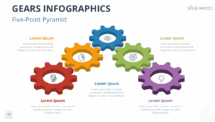 Pyramid-shaped arrangement of gear icons for hierarchical or structural presentations in PowerPoint and Google Slides.