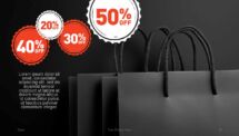 Slide with discount icons from 20% to 50% off in Black Friday PowerPoint template.