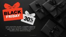 Slide highlighting 30% off in Black Friday template with ribbon and discount icon.