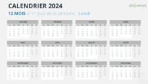 Mise en page du calendrier de l'année complète 2024 avec début lundi - Diapo 6