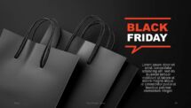 Speech bubble slide in Black Friday PowerPoint template with red and black theme.