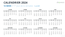 Mise en page du calendrier de l'année complète 2024 avec début lundi - Diapo 2