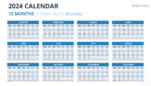 2024 Full Year Calendar Layout with Monday Start - Slide 1