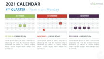 Calendar 2021 for PowerPoint - 3 Months (Quarters) Week Start Monday - 4th Quarter October to December 2021