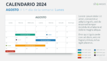Diseño del calendario mensual 2024 para Agosto, comienza en lunes