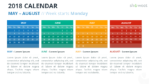Free Calendar 2018 PowerPoint Template - 4 Months - May to August - Week Starts Monday