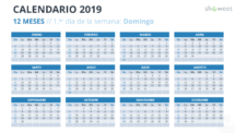 Calendario 2019 PowerPoint - 12 Meses - 1.er Día de la Semana Domingo