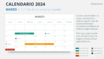 Diseño del calendario mensual 2024 para Marzo, comienza en lunes
