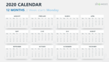 Calendar 2020 PowerPoint Template - 12 Months Week Starts Monday (Gray)
