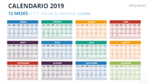 Ejemplo de diapositiva de calendario 2019 con 12 Meses Calendario 2019 PowerPoint - 12 Meses (con Colores)
