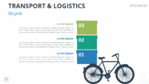 Bicycle illustration with three vertical colored blocks representing different steps or processes, featured in the Transport & Logistics template for PowerPoint.