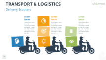 Three delivery scooters with riders and accompanying icons, illustrating different steps or processes in the Transport & Logistics PowerPoint template.