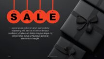Hanging "SALE" tags slide in Black Friday template with black and red accents, perfect for discount presentations.