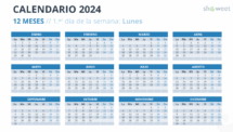 Diseño del calendario del año completo 2024 con inicio en lunes - Diapositiva 1