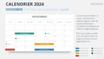 Mise en page du calendrier mensuel 2024 pour Novembre, début lundi