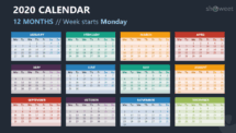 Calendar 2020 PowerPoint Template - 12 Months Week Starts Monday (Dark)