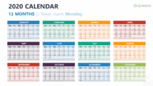 Calendar 2020 PowerPoint Template - 12 Months Week Starts Monday (Colors)
