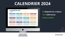 Diapositive de couverture introductive pour le modèle de calendrier 2024 pour PowerPoint et Google Slides