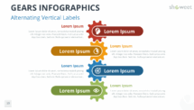 Stack of vertical gears linked to alternating side labels for presenting ordered steps in PowerPoint and Google Slides.