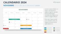Diseño del calendario mensual 2024 para Noviembre, comienza en lunes