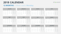 Free Calendar 2018 PowerPoint Template - 12 Months - Week Starts Monday - Gray 1