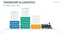 Vintage cargo train design from the Transport & Logistics PowerPoint template, displaying various content blocks to represent data.