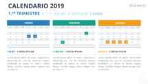 Ejemplo de diapositiva de calendario 2019 con 3 Meses (Trimestres) Calendario 2019 PowerPoint - 1.er Trimestre