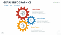 Three independent gear shapes with icons and text for presenting three related concepts in PowerPoint and Google Slides.