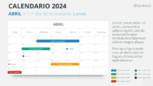 Diseño del calendario mensual 2024 para Abril, comienza en lunes