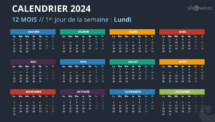 Mise en page du calendrier de l'année complète 2024 avec début lundi - Diapo 5