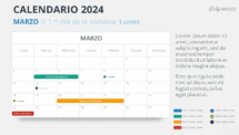 Diseño del calendario mensual 2024 para Marzo, comienza en lunes