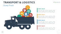 Editable dump truck with icons representing various elements of transport and logistics, perfect for visualizing data in a presentation.