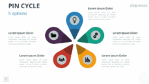 Diagramme de cycle à épingles avec 5 options, conçu pour PowerPoint et Google Slides, idéal pour présenter un processus ou un flux de travail en cinq étapes.