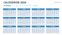 Mise en page du calendrier de l'année complète 2024 avec début lundi - Diapo 1