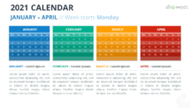 Calendar 2021 for PowerPoint - 4 Months Week Starts Monday - January to April 2021